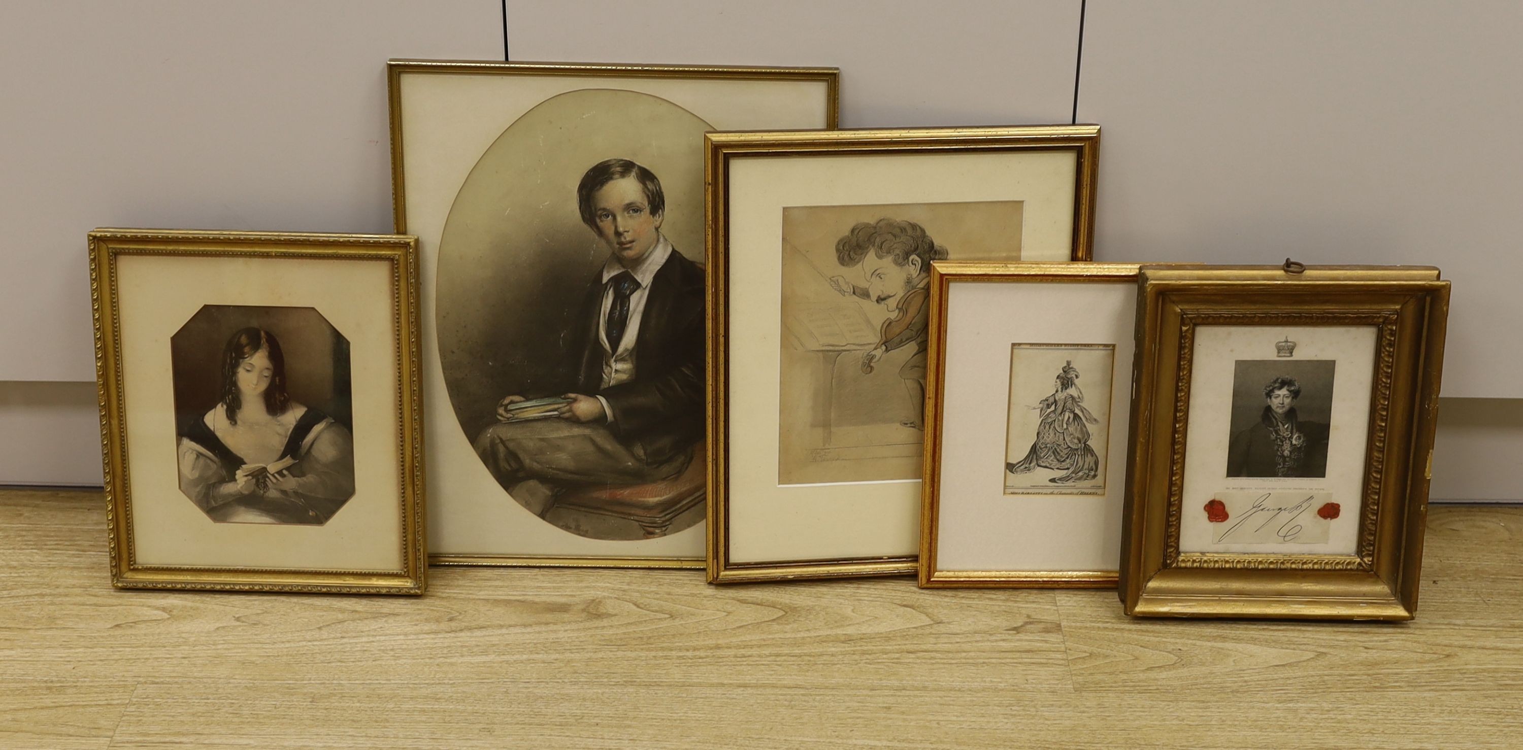 A framed engraving of George IV with applied signature, 22 x 16.5cm, a portrait of an Eton school boy by John Charles Read, and three other pictures